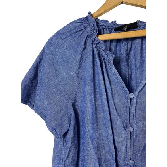 Lane Bryant Top 14 XL Button Up Chambray Tie Front Blue Pin Up Preppy Linen Blnd - Picture 3 of 9